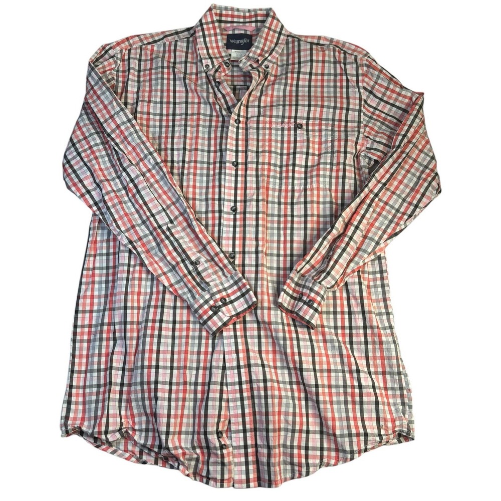Wrangler‎ Shirt Mens Large Tall Button Up Western Plaid Pink Ribbon